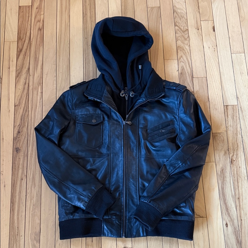 Men's Black Leather Jacket with Hood